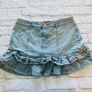 Thalia Sodi Skirt 5/6 | Light Wash Denim Y2K Mini Tiered Ruffle Stretch